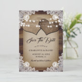 Rustieke Country Burlap Hearts Elegante kant bruil Save The Date (Staand voorkant)