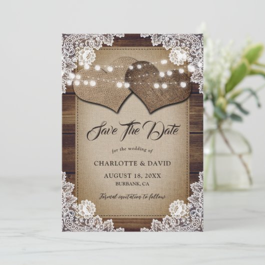 Rustieke Country Burlap Hearts Elegante kant bruil Save The Date (Staand voorkant)