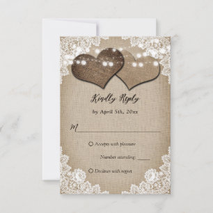 Rustieke Country Burlap Hearts Floral Lace Wedding RSVP Kaartje