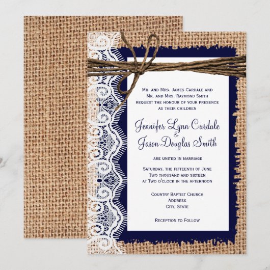 Rustieke Country Burlap Kant Twine bruiloft uitnod Kaart (Voorkant / Achterkant)