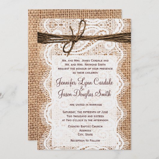 Rustieke Country Burlap Kant Twine bruiloft uitnod Kaart (Voorkant / Achterkant)