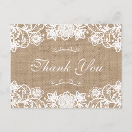 Rustieke Country Burlap Lace Wedding Dank u Briefkaart