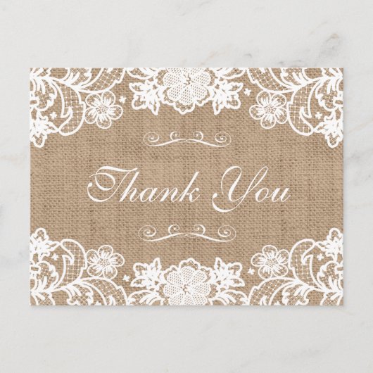 Rustieke Country Burlap Lace Wedding Dank u Briefkaart (Voorkant)