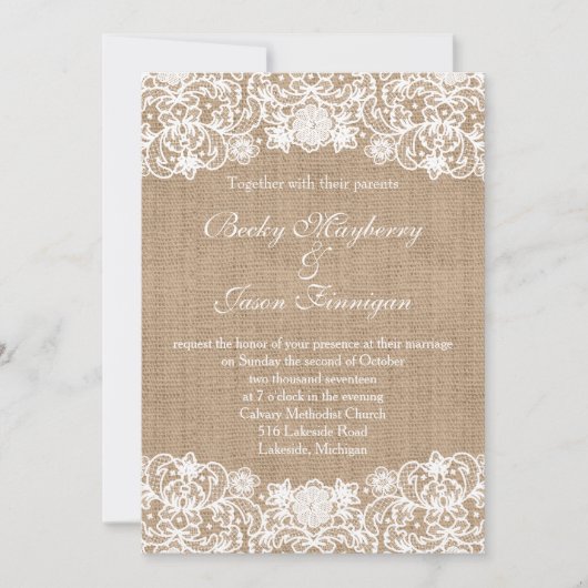 Rustieke Country Burlap Lace Wedding Invites Kaart (Voorkant)
