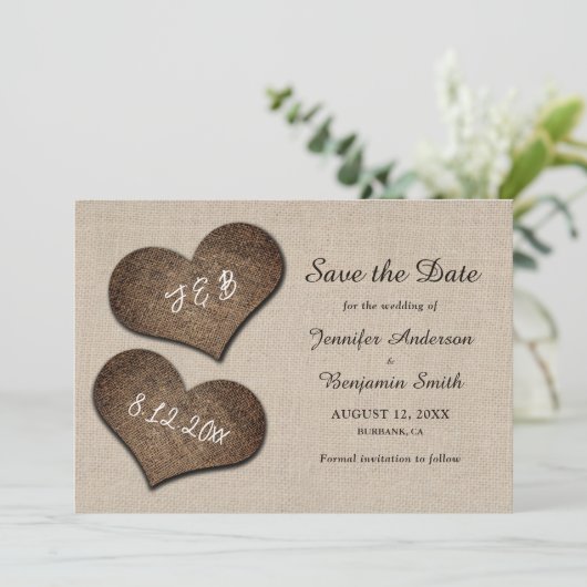 Rustieke Country Burlap Wedding Save the Date Kaar (Staand voorkant)