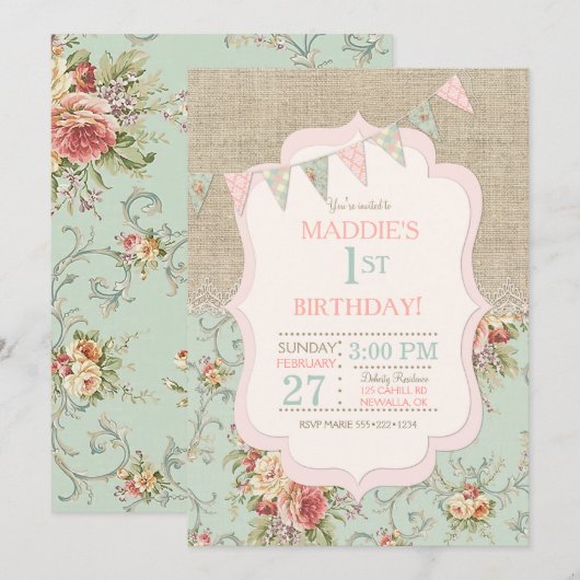 Rustieke Country Chic Burlap Lace Shabby Floral Kaart (Voorkant / Achterkant)