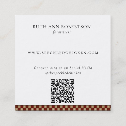 Rustieke Country Chicken Rooster QR-code Vierkante Visitekaartje (Achterkant)