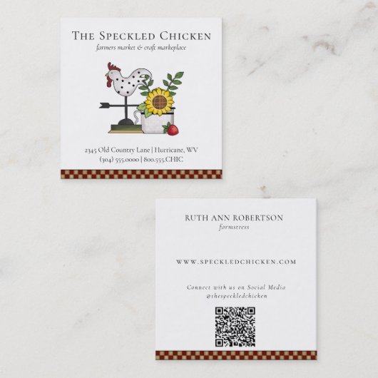 Rustieke Country Chicken Rooster QR-code Vierkante Visitekaartje (Voorkant / Achterkant)
