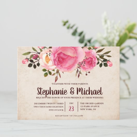 Rustieke Country Classy Floral Huwelijksuitnodigin Kaart (Staand voorkant)
