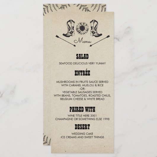 Rustieke Country Cowboy Laarzen Wedding Menu Kaart (Voorkant / Achterkant)