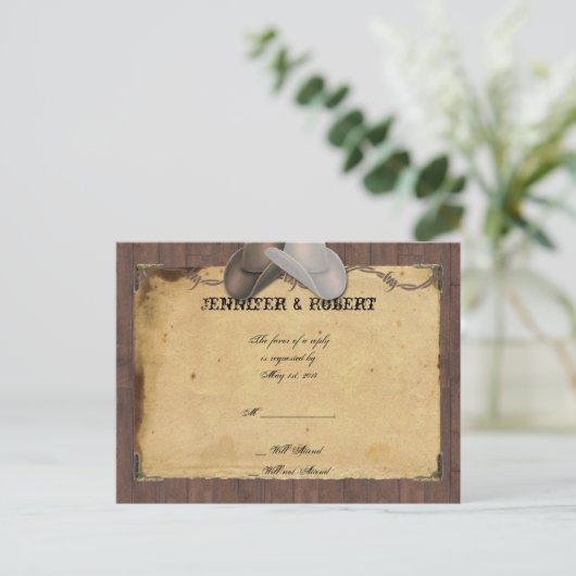 Rustieke Country Cowboy Petten Barbed Wedding RSVP Uitnodiging Briefkaart (Staand voorkant)