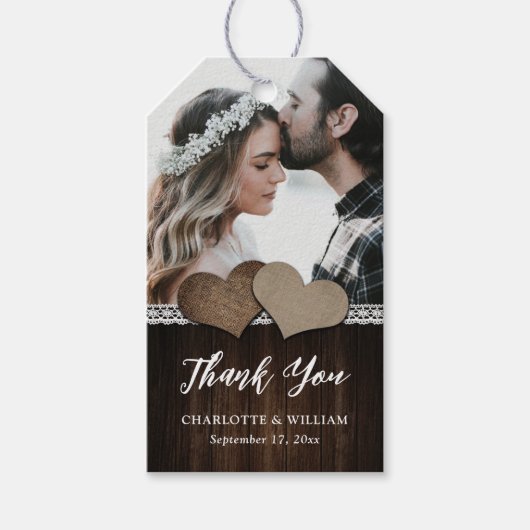 Rustieke Country Hearts Wood Lace foto bruiloft Cadeaulabel (Voorkant)