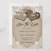 Rustieke Country Hessian Hearts Bloemen Kant Huwel Save The Date (Voorkant)