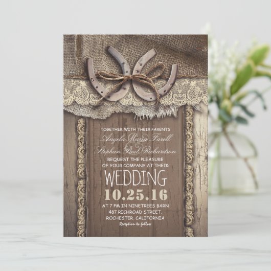 Rustieke Country Hoefijzers en Burlap Lace bruilof Kaart (Staand voorkant)