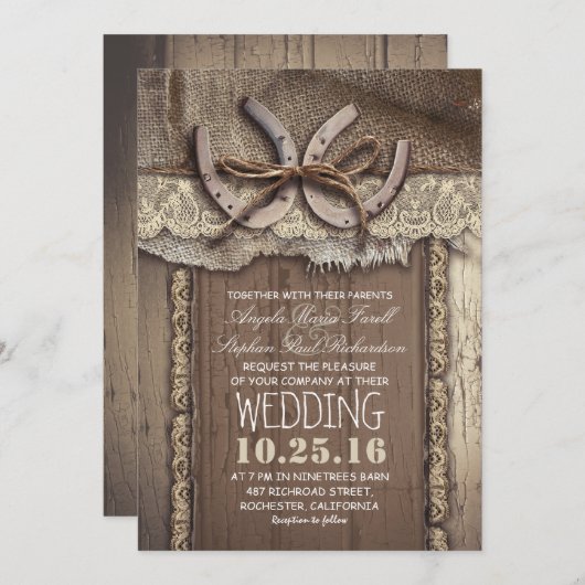 Rustieke Country Hoefijzers en Burlap Lace bruilof Kaart (Voorkant / Achterkant)