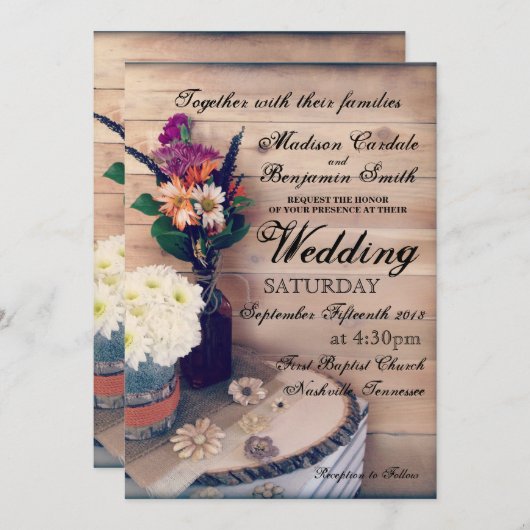 Rustieke Country Hout en Bloemen Huwelijksuitnodig Kaart (Voorkant / Achterkant)