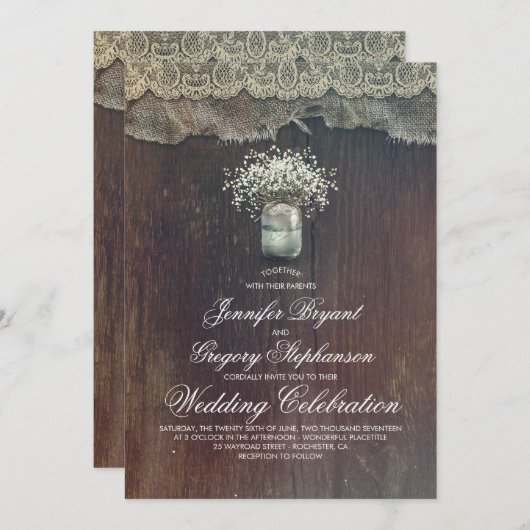 Rustieke Country Mason Jar en Baby's Breath Weddin Kaart (Voorkant / Achterkant)