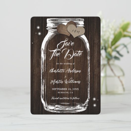 Rustieke Country Mason Jar Wood bruiloft Save The Date (Staand voorkant)