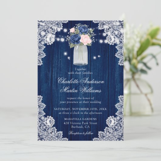 Rustieke Country Navy Blue Blush Bloemen Huwelijk Kaart (Staand voorkant)
