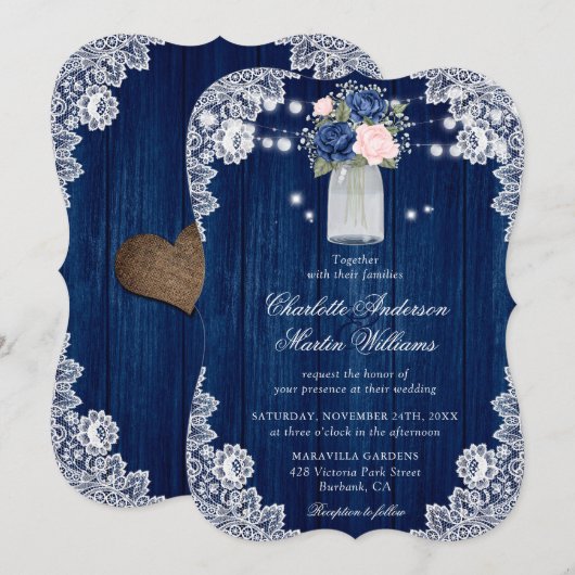 Rustieke Country Navy Blue Blush Bloemen Huwelijk Kaart (Voorkant / Achterkant)