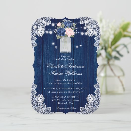 Rustieke Country Navy Blue Blush Bloemen Huwelijk Kaart (Staand voorkant)