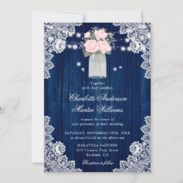 Rustieke Country Navy Blue Blush Wood Lace Wedding Kaart