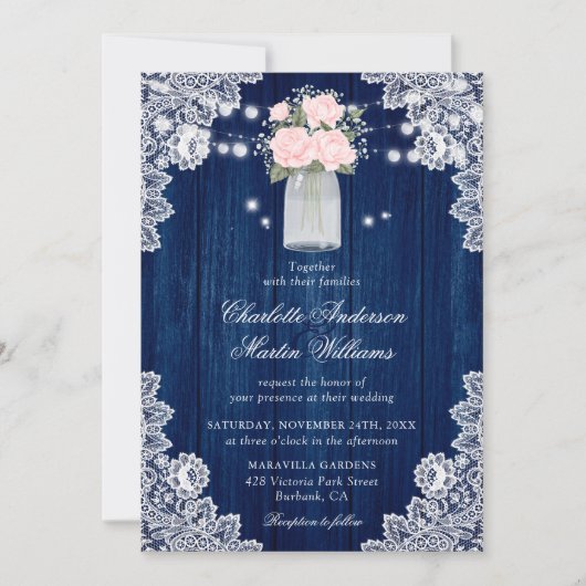 Rustieke Country Navy Blue Blush Wood Lace Wedding Kaart (Voorkant)