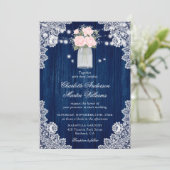 Rustieke Country Navy Blue Blush Wood Lace Wedding Kaart (Staand voorkant)