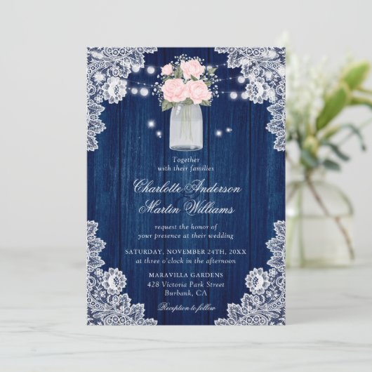 Rustieke Country Navy Blue Blush Wood Lace Wedding Kaart (Staand voorkant)
