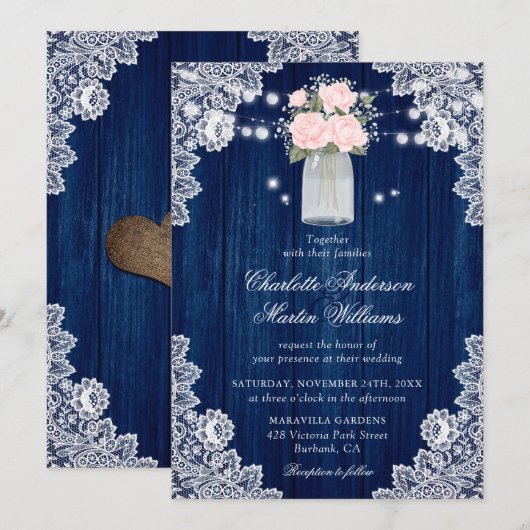 Rustieke Country Navy Blue Blush Wood Lace Wedding Kaart (Voorkant / Achterkant)