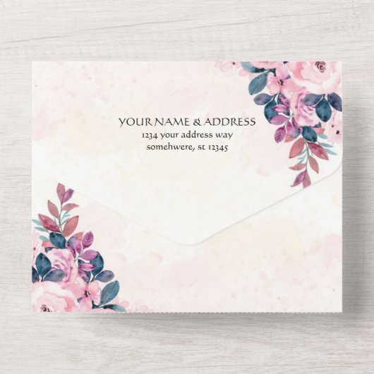 Rustieke Country Pinkflower Wedding All-in-One Uit All In One Uitnodiging (Achterkant)