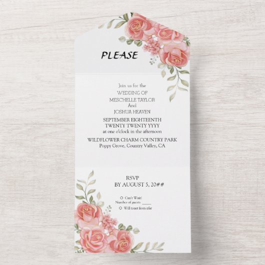 Rustieke Country Pinkflower Wedding All-in-One Uit All In One Uitnodiging (Binnen)