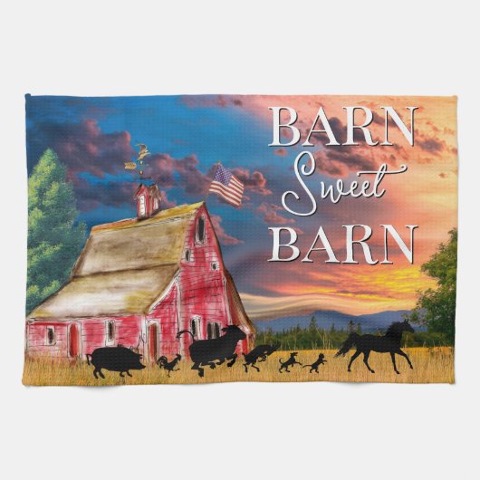 Rustieke Country Red Barn met Dieren Theedoek (Horizontaal)