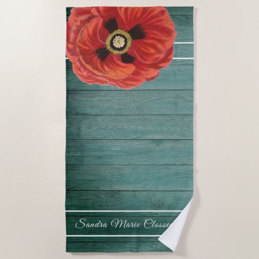 Rustieke Country Red Poppy Brown Wood Strandlaken (Voorkant)