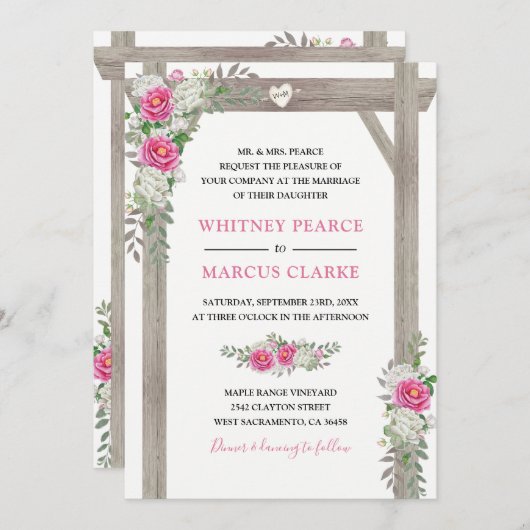 Rustieke Country Roze Bloemboog Formele bruiloft Kaart (Voorkant / Achterkant)