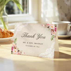 Rustieke Country Roze Bloemen Burlap Kant Dank u Bedankkaart