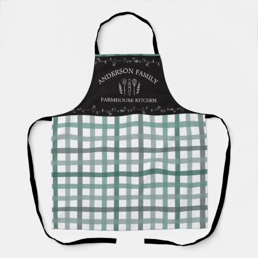 Rustieke Country Sage Green Gingham Zwart Krijtbor Schort (Voorkant)