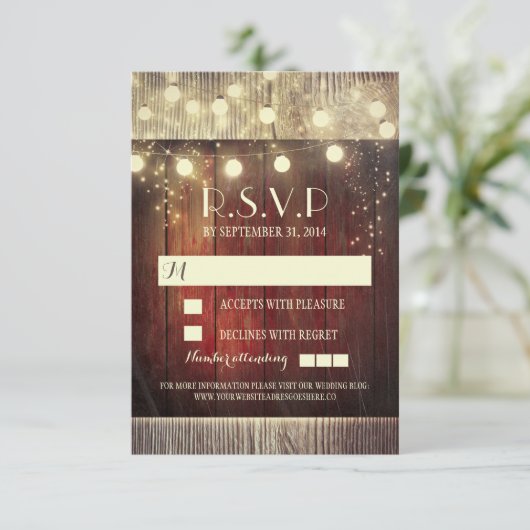 Rustieke country string lichten bruiloft RSVP kaar (Staand voorkant)