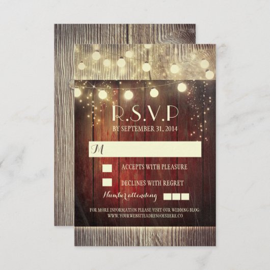 Rustieke country string lichten bruiloft RSVP kaar (Voorkant / Achterkant)