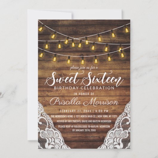 Rustieke Country String Lights Hout Kant Sweet 16 Kaart (Voorkant)