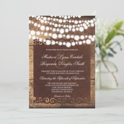 Rustieke Country String Lights Huwelijksuitnodigin Kaart (Staand voorkant)