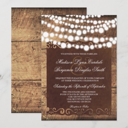 Rustieke Country String Lights Huwelijksuitnodigin Kaart (Voorkant / Achterkant)