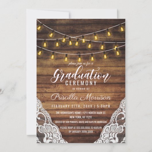 Rustieke Country String Lights Wood Lace Afstudere Kaart (Voorkant)