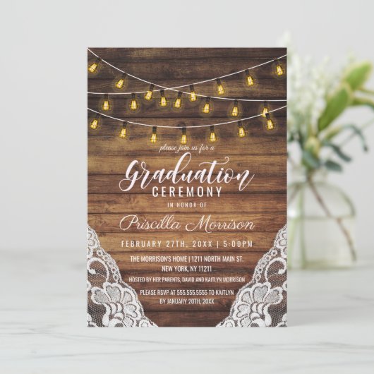 Rustieke Country String Lights Wood Lace Afstudere Kaart (Staand voorkant)