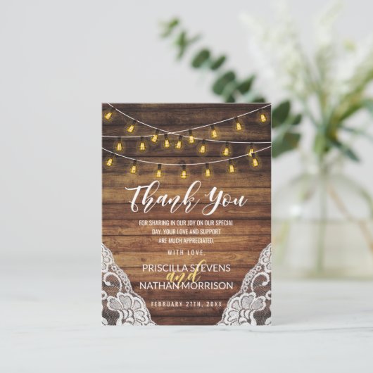 Rustieke Country String Lights Wood Lace Dank u Briefkaart (Staand voorkant)