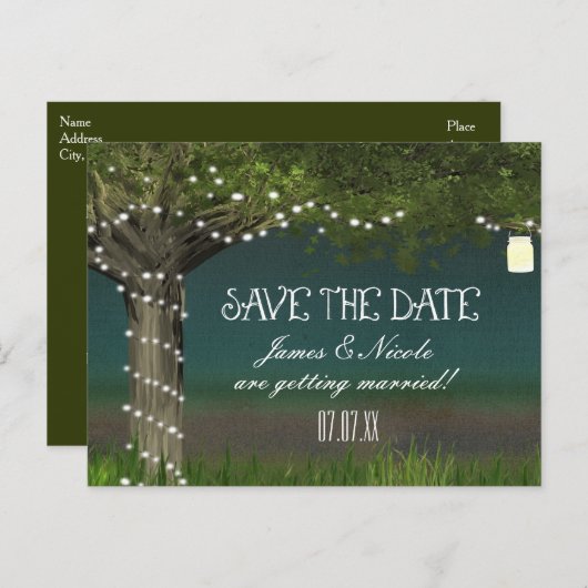 Rustieke Country Tree & Lights Save Datum Briefkaa Aankondigingskaart (Voorkant / Achterkant)