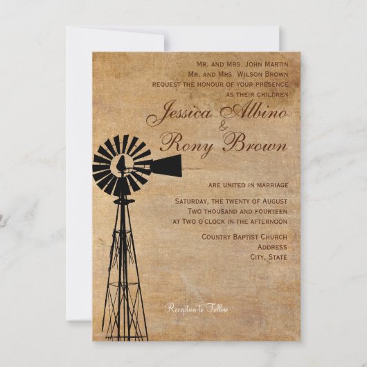 Rustieke Country Windmill Wedding Invitation Kaart (Voorkant)