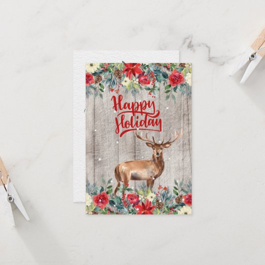 Rustieke Country Winter Bloemen Hout Happy Holiday Kaart (Voorkant / Achterkant in situ)