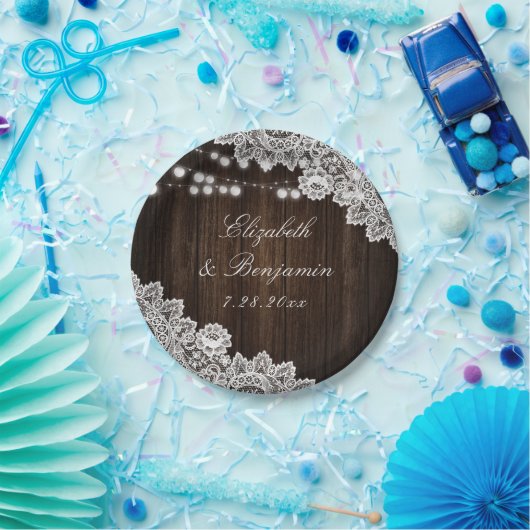 Rustieke Country Wood Bloemen Kant String Lichten Papieren Bordje (Feest)