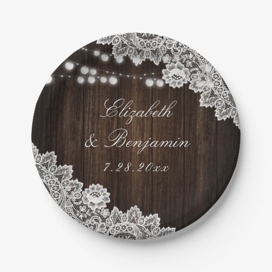 Rustieke Country Wood Bloemen Kant String Lichten Papieren Bordje (Voorkant)